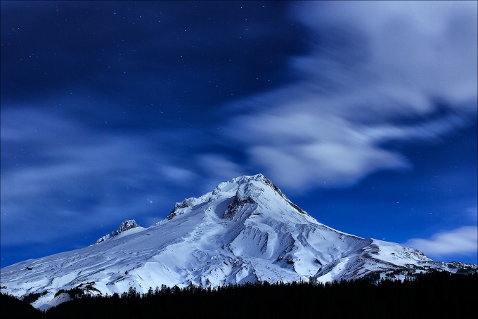 Mt. Hood Lit By Moonlight, Oregon.Canon 5DMIII, 70-200mmL Series II @ f/2.8, 30 second timed-exposure, ISO 200.